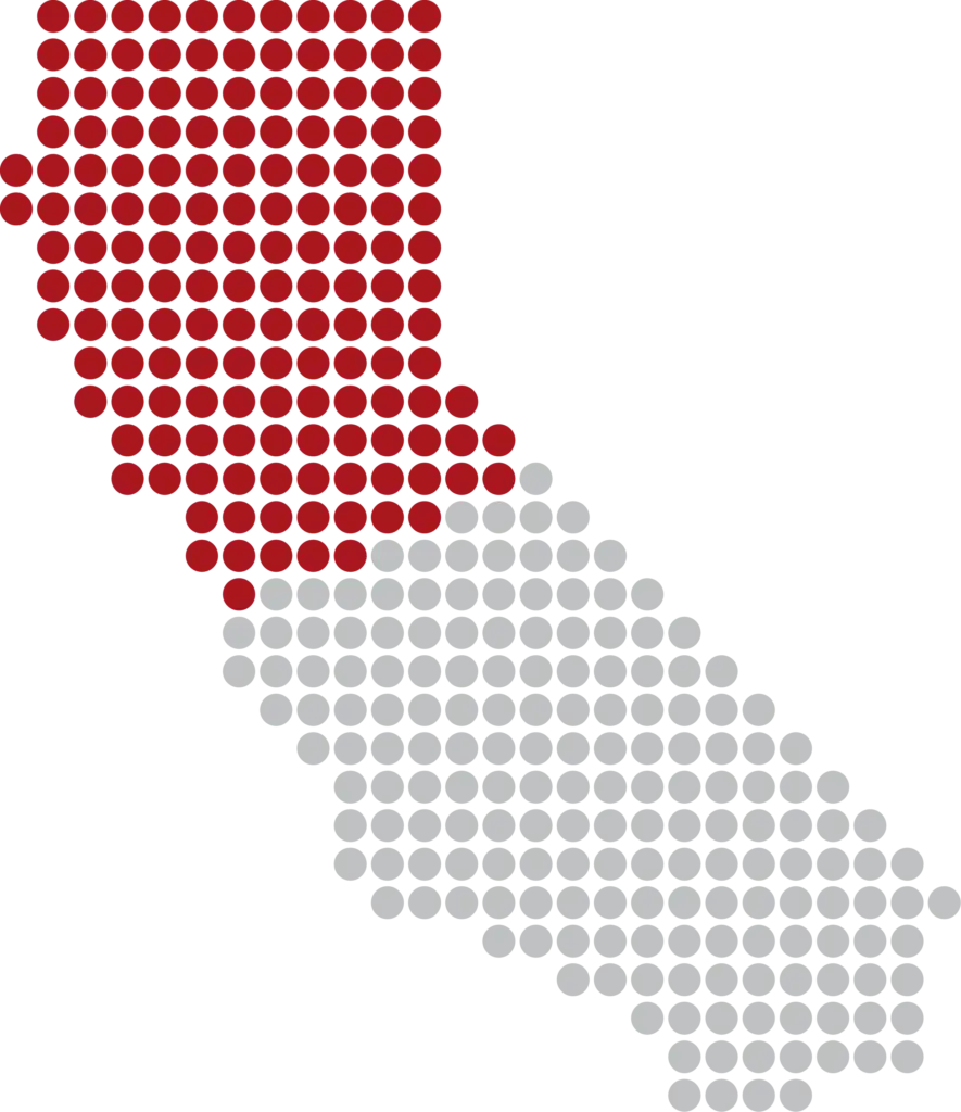 California map made out of dots with Northern California in red and Southern Califronia in grey.
